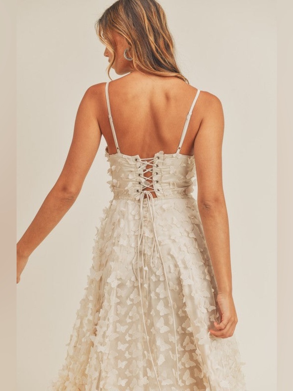 Mable Cream 3D Butterfly Lace-Up Midi Dress Corset Sweetheart Tiered Lulus - Picture 3 of 12